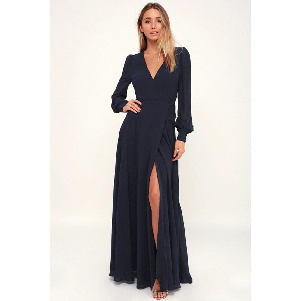 Lulus My Whole Heart Dark Navy Blue Long Sleeve Wrap Dress - Size L